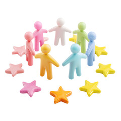 A playful and vibrant arrangement of 3D pastel colored figurines and stars depicting a diverse team in a contemporary minimalist design