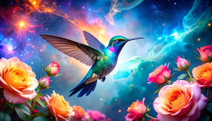 Fototapeta premium Hummingbird flying among roses with cosmic background and dreamy ambiance.