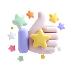 Playful 3D thumbs up gesture in soft pastel colors surrounded by floating star shaped rating symbols against a clean white background