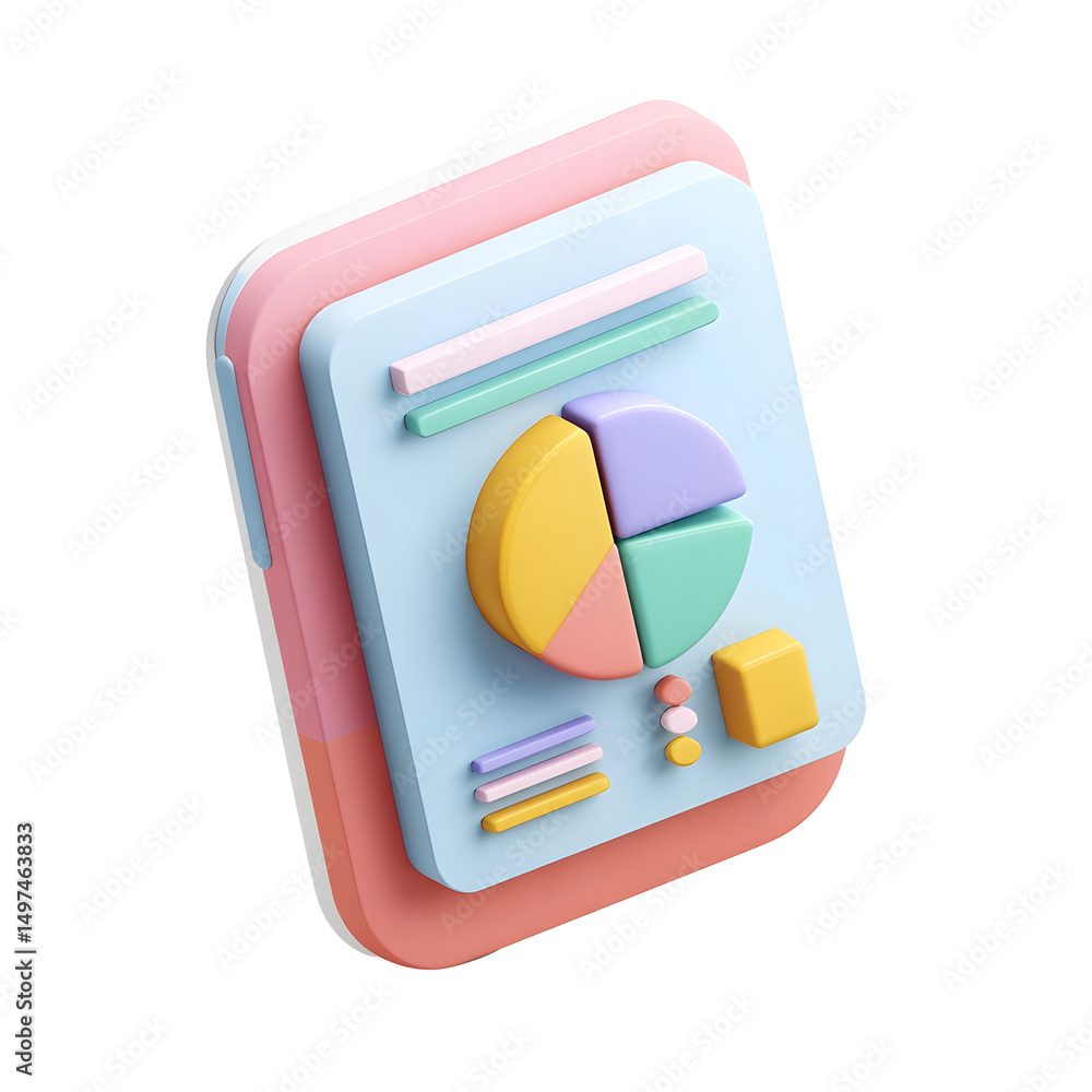 Aufkleber Vibrant pastel colored 3D icon of a modern simplified business report page with a prominent pie chart display representing data analytics and information presentation