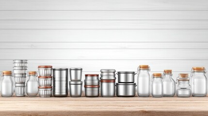 Assorted Glass and Metal Jars for Kitchen Storage on Rustic Wooden Countertop Against White Background