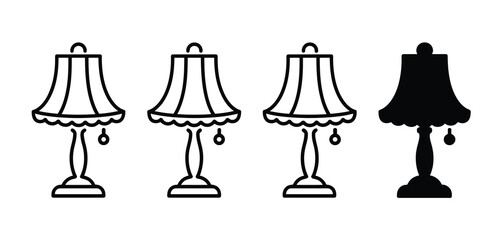 Set of Table Lamp Line Icons and Silhouette