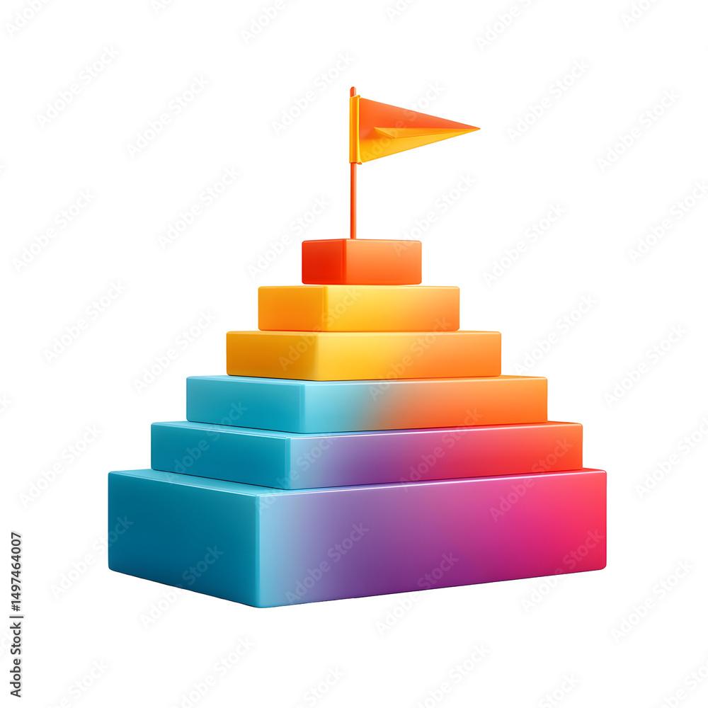 Aufkleber colorful 3d podium with gradient steps leading up to a small triangle flag at the highest level agai
