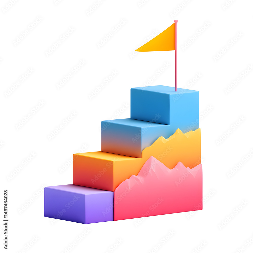 Leinwandbilder bright 3d cartoon podium with colorful gradient steps and small triangle flag on the highest level a