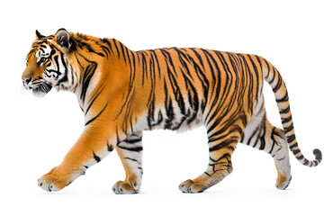 Naklejka premium Striped tiger walking on white background.