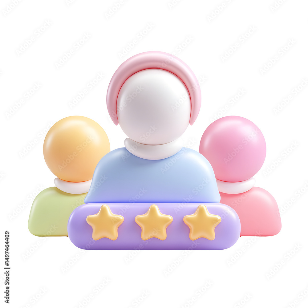 Poster Whimsical 3D of a pastel colored profile figure with a rating bar displaying three stars conveying a sense of achievement feedback or performance review