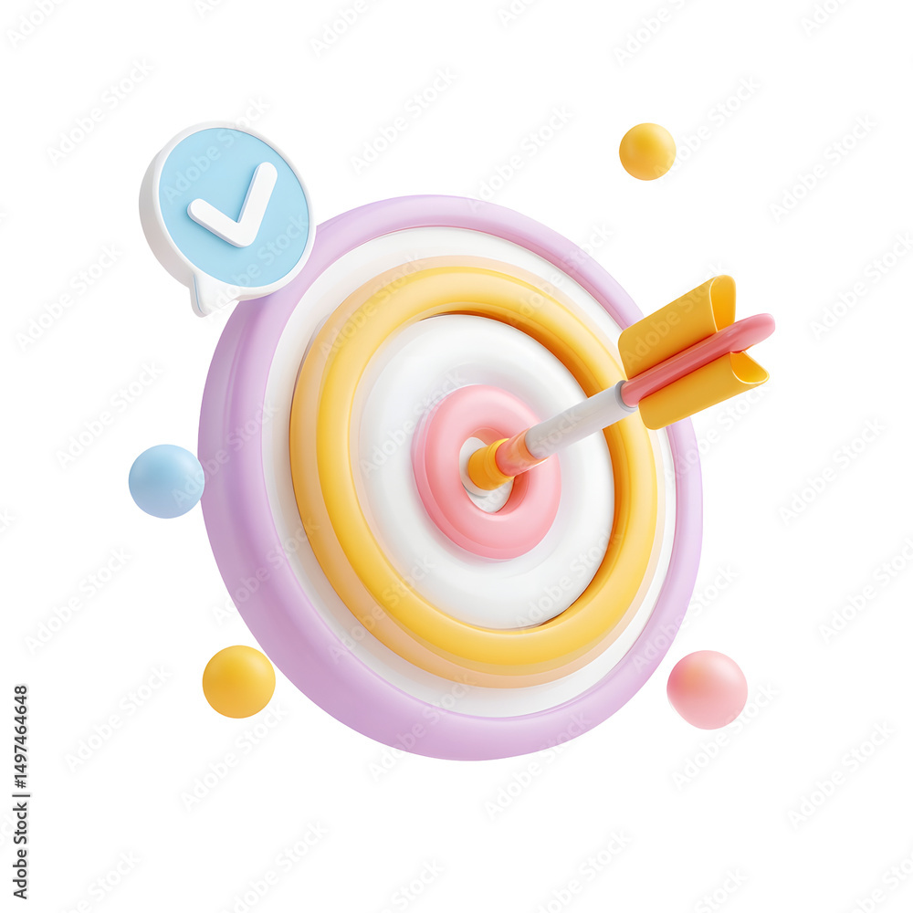 Aufkleber colorful 3d rendering of a pastel toned bullseye target with an arrow striking the center accompanie