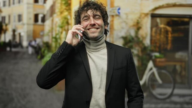 Man smiling in city street while talking on smartphone wearing a dark suit with bicycles and buildings in the background, showcasing urban lifestyle and modern communication.