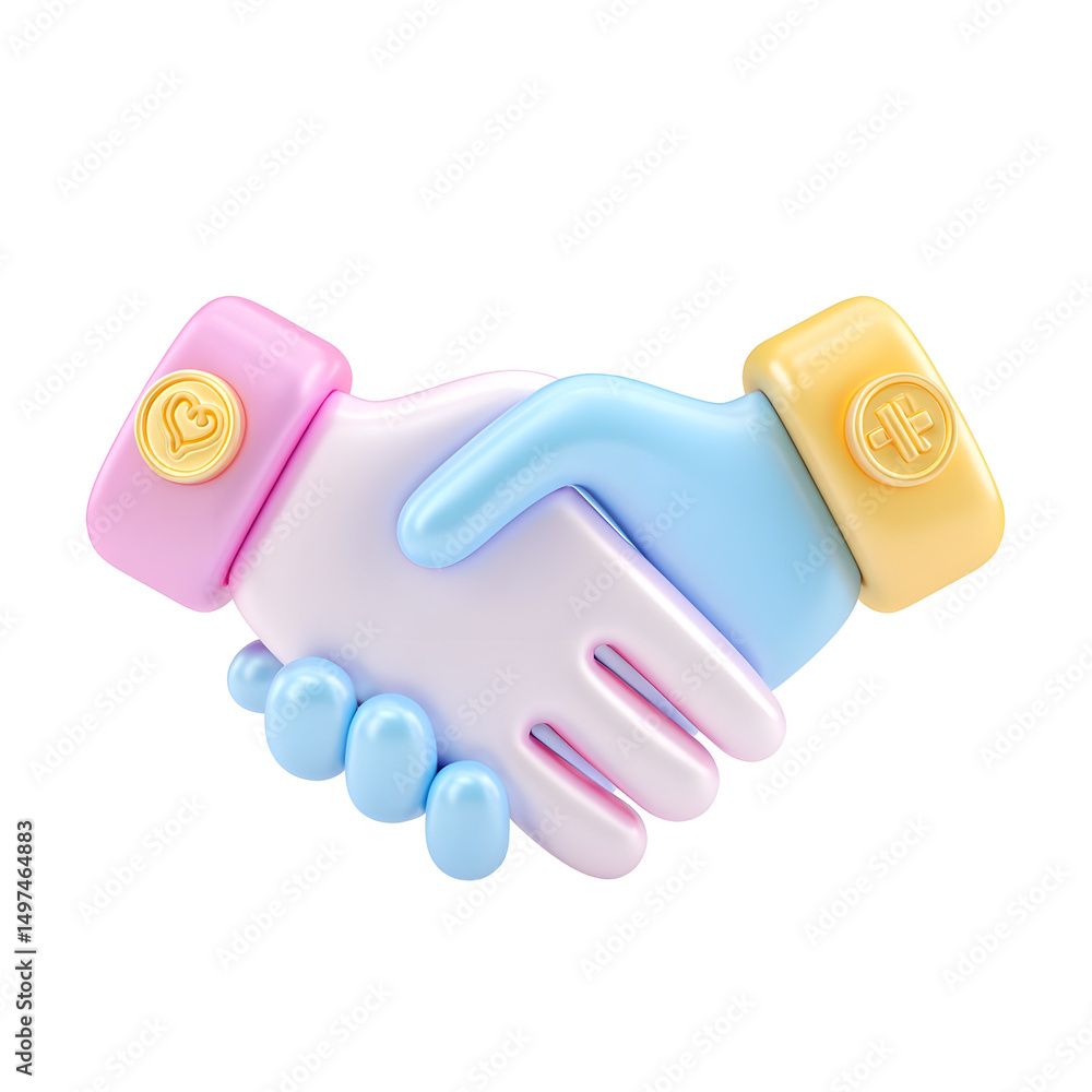 Poster a 3d depicting a handshake in pastel colors symbolizing a partnership agreement or contract between 