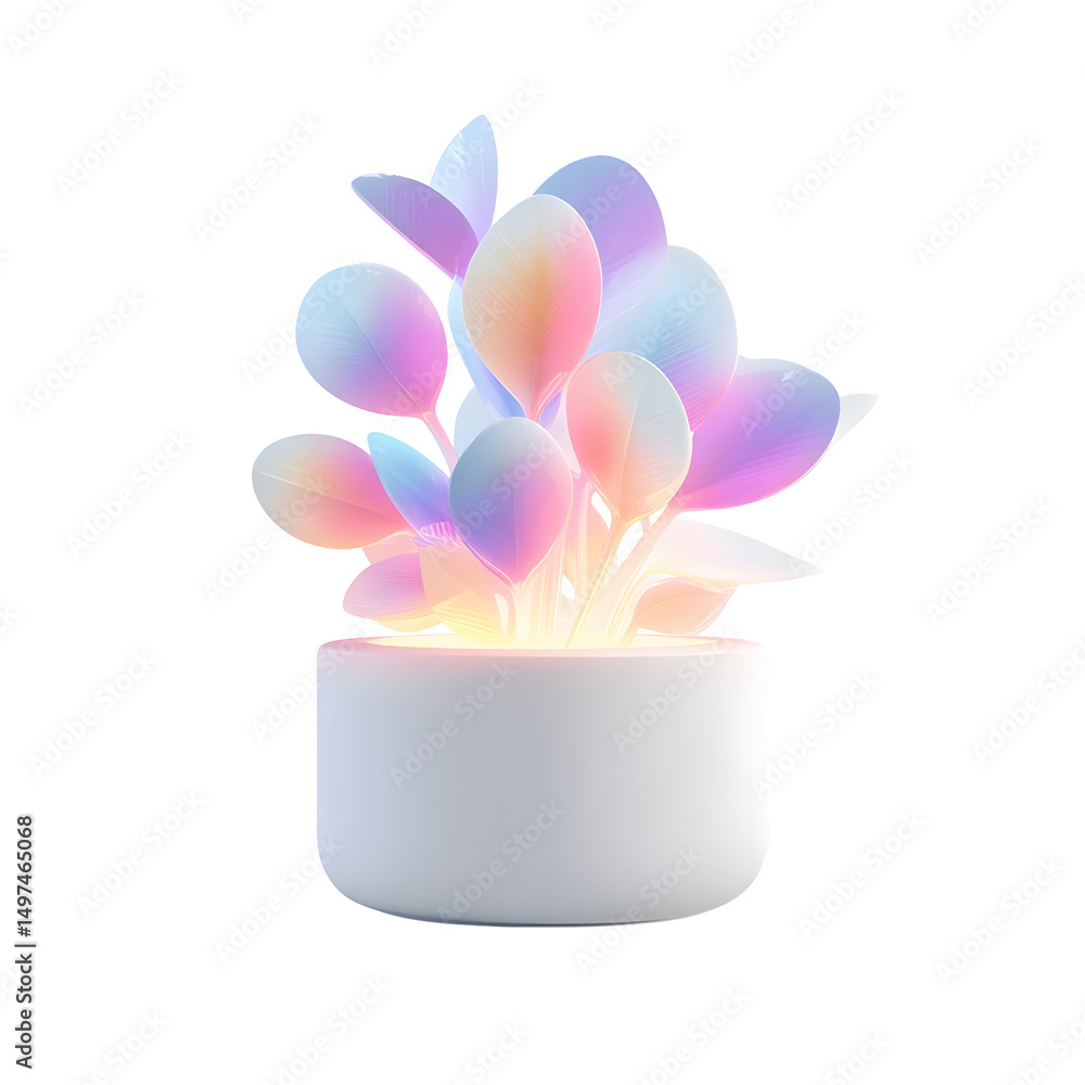 Poster a digital depicting a surreal and luminous plant sprouting from a white pot emanating a soft pastel 