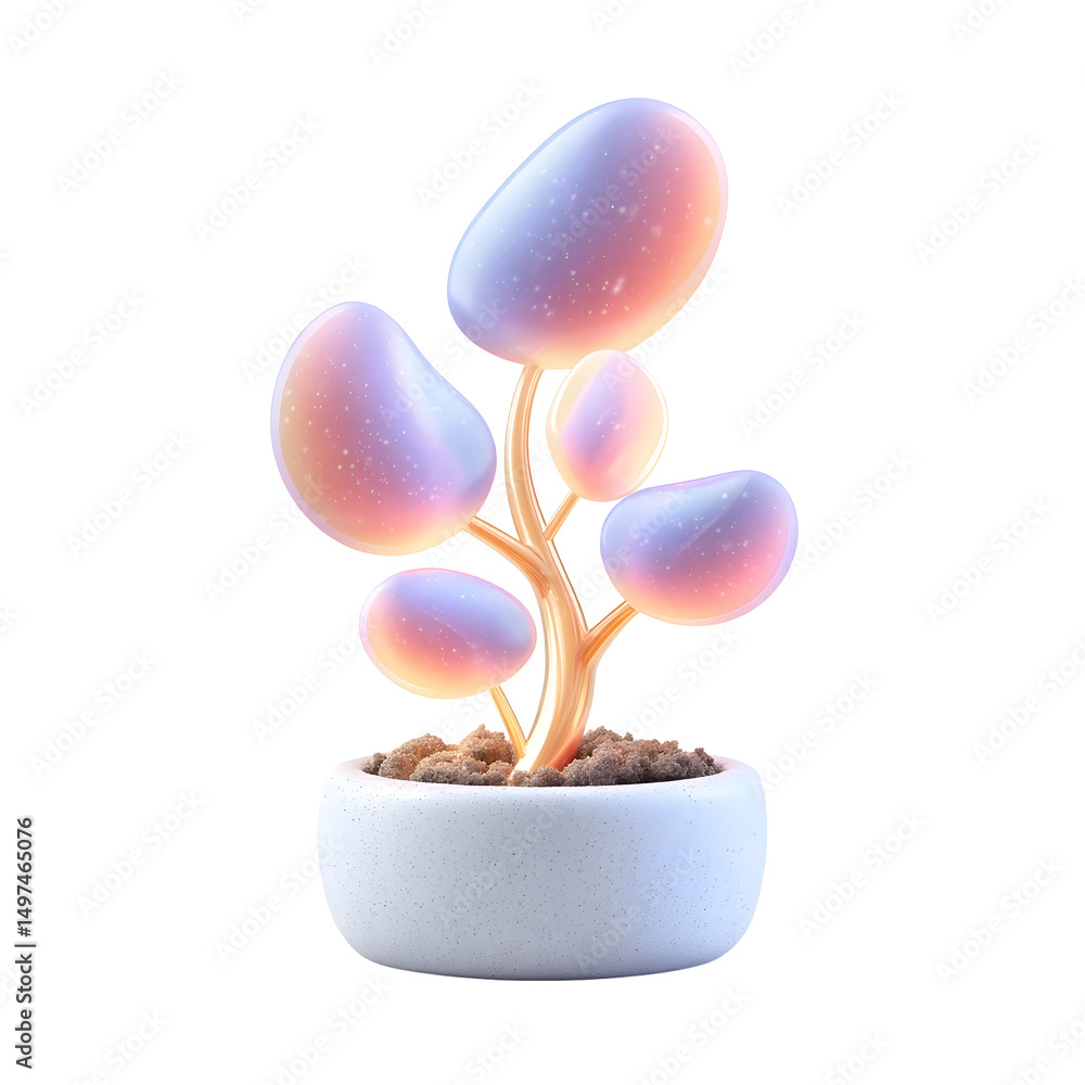Poster a surreal pastel colored seedling with a mesmerizing glow nestled in a minimalist white pot against 