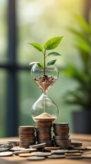 young plant sprouts from an hourglass filled with sand supported by a stack of coins.