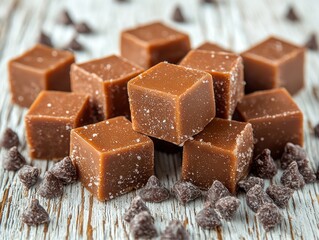 Brown caramel candies in squares, scattered with chocolate chips on a light wood surface