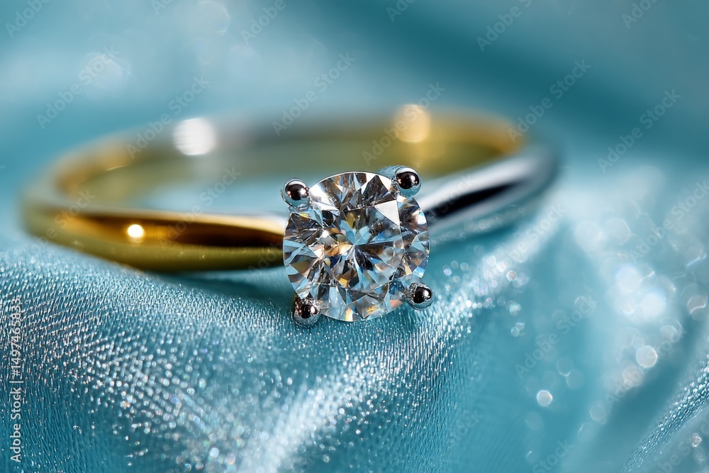 Poster Elegant diamond ring prominently displayed on shimmering fabric with a soft blue hue in a romantic setting