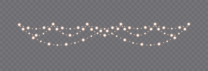 Gold Christmas garland on transparent background, new year light effect elements for banner, poster, flyer and xmas card. Horizontal yellow wires shining, led strips png, vector illustration. © viktoria_ngm