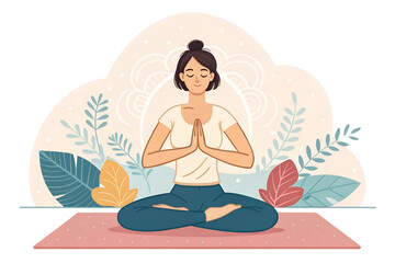 Calm young woman practicing yoga in lotus position on an exercise mat. Perfectly isolated on transparent background. Great for wellness, fitness, mental health, and spiritual lifestyle design themes.