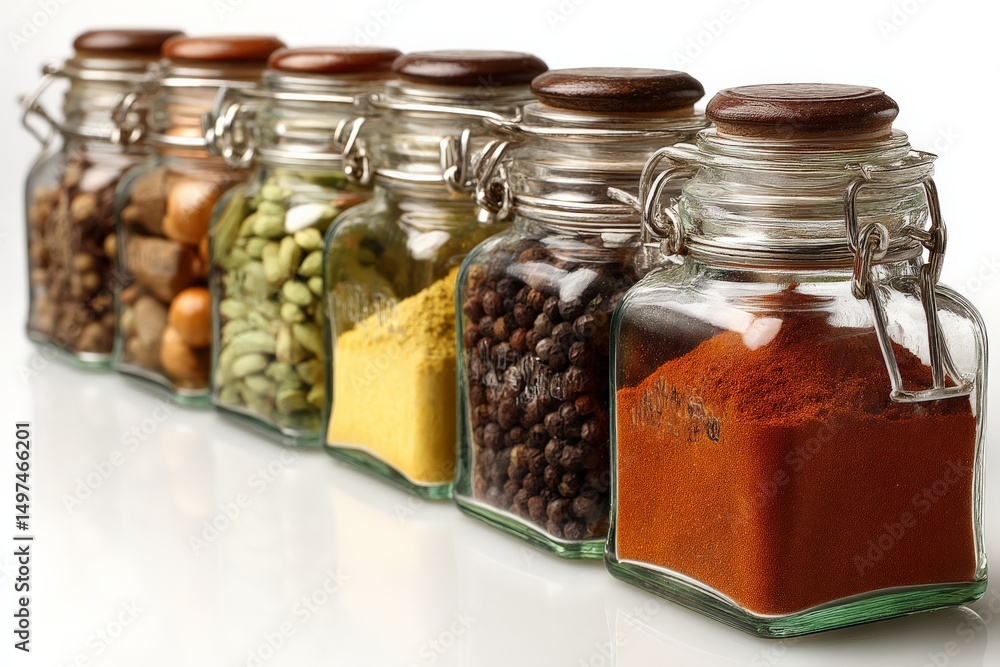 Poster Colorful spice jars arranged neatly on a white surface, showcasing an array of aromatic ingredients for cooking
