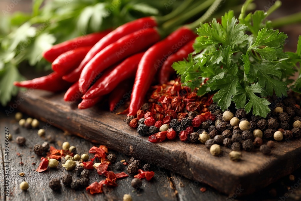 Poster fresh red chilies and assorted spices arranged on a wooden board in a rustic kitchen setting
