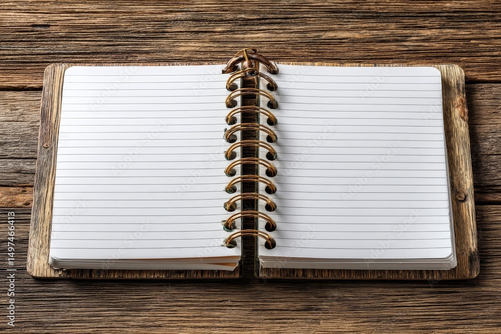 Poster open notebook lies on rustic wooden table waiting for thoughts and ideas to be captured in calm surr