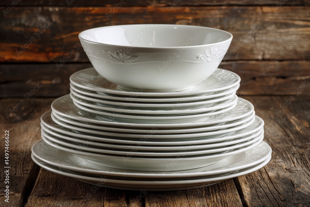Poster stacked white dinnerware on wooden surface ready for use at a dining table setting during an evening