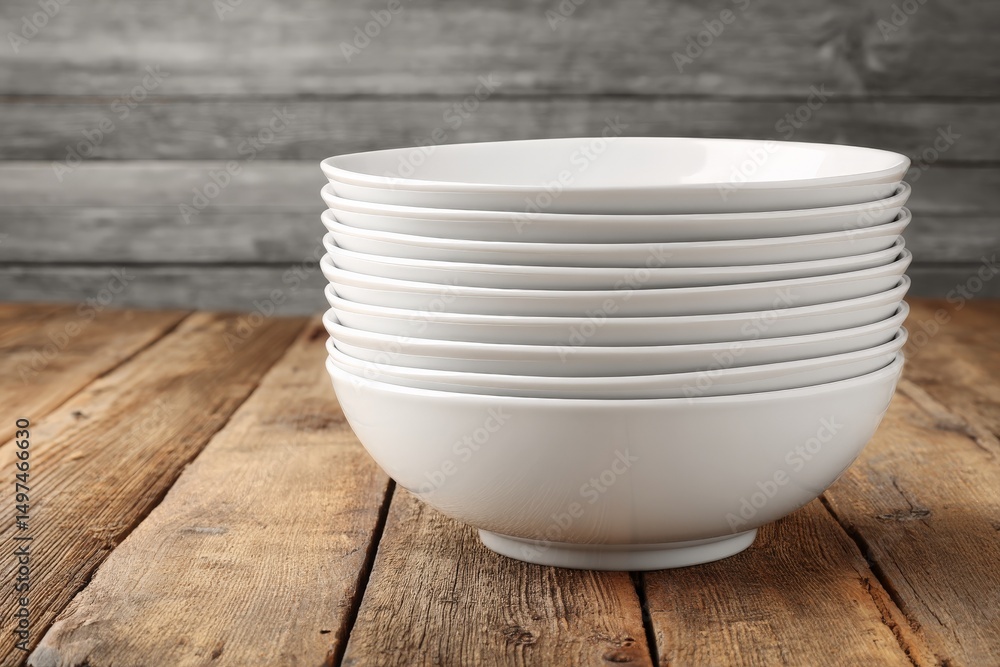 Poster stacked white bowls on a rustic wooden table showcasing modern tableware design and functionality