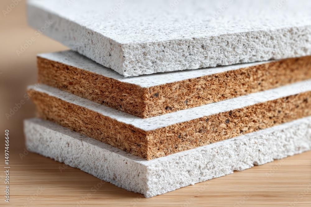 Poster various layers of composite material stacked on a wooden surface showcasing texture and color contra