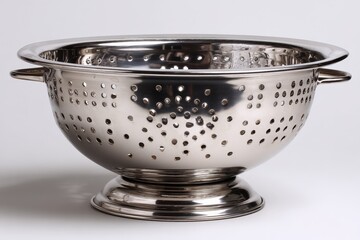 Stainless steel colander used for draining pasta and washing vegetables in a kitchen setting during the day