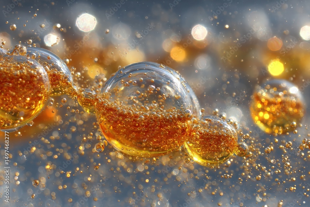 Poster bubbles rise in sparkling beverage, capturing light at an elegant summer gathering
