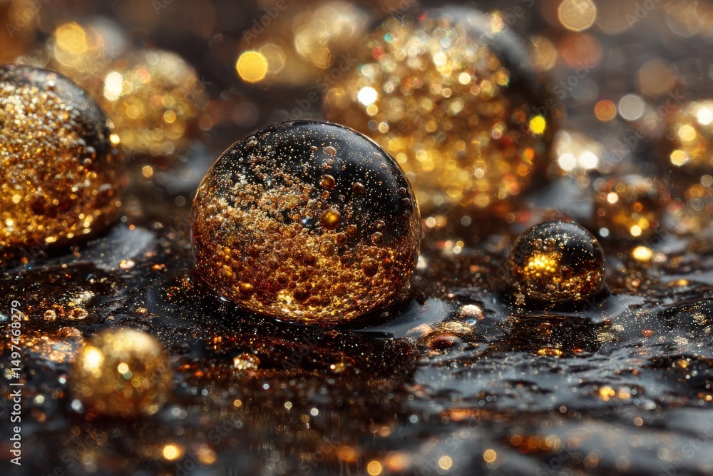Poster Golden bubbles reflect light on a dark surface in an artistic close-up created to showcase depth and texture