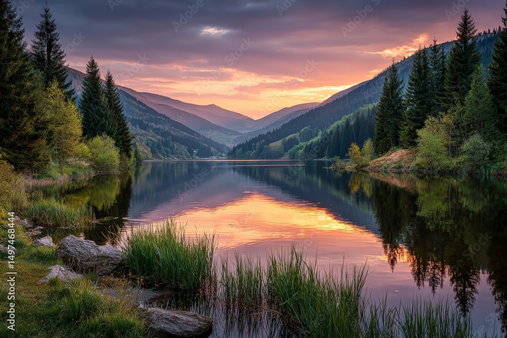 Poster sunset reflection over tranquil lake surrounded by mountains in early evening