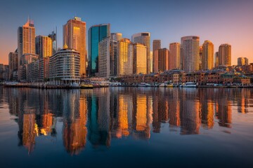 Obraz premium City skyline at dusk reflecting on calm waters with colorful lights and buildings in the background