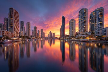 Fototapeta premium Sunset reflecting on city skyline over calm water in a vibrant urban landscape