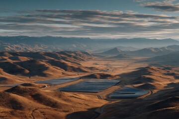 Fototapeta premium Solar farm in a mountainous landscape under a cloudy sky with golden hills during late afternoon