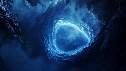 A hyper-realistic 4K abstract of swirling azure smoke coiling into a dark, rocky abyss. - Powered by Adobe