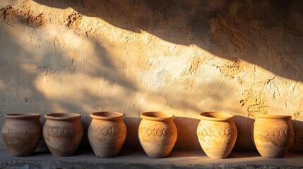 Set of clay jars lined up in shadow with rustic plaster wall