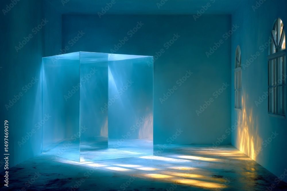 Poster soft blue light illuminates a transparent cube in a serene room during midday