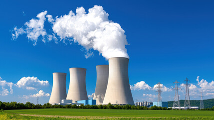 Cooling towers release steam into sky, showcasing nuclear power plant against clear blue backdrop. scene evokes sense of energy production