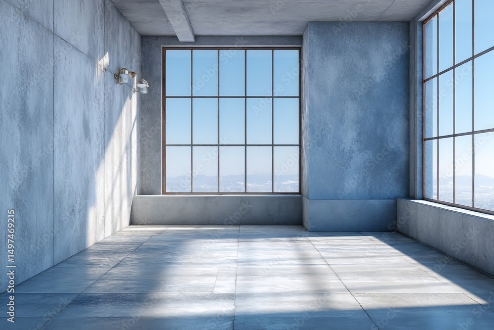 Poster spacious modern room featuring large windows with mountain views in bright daylight
