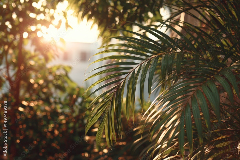 Poster sunlight filters through lush green palm leaves in a serene garden setting during the early evening 