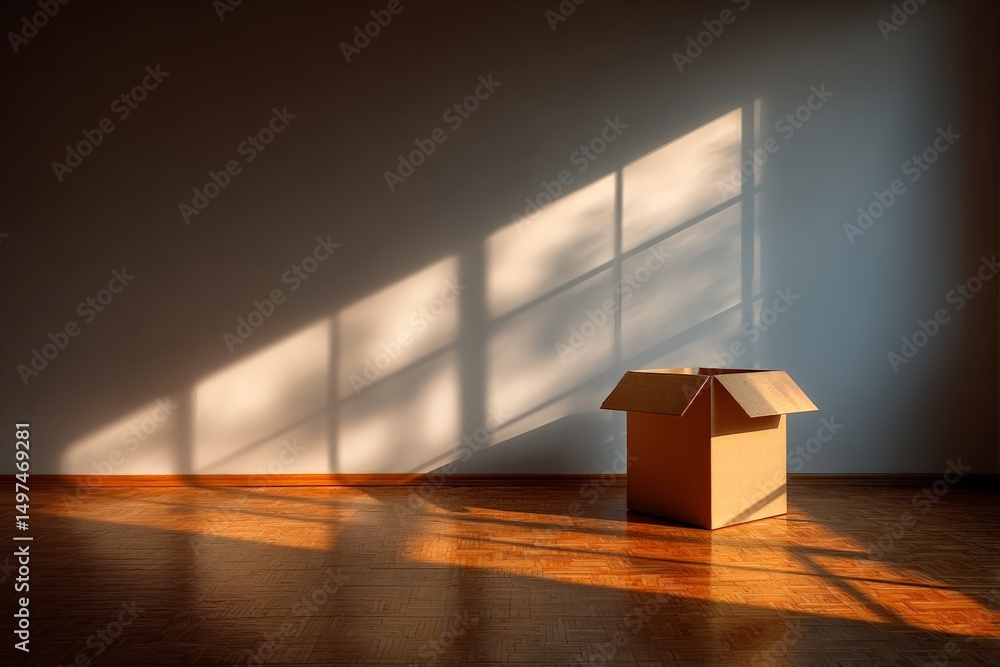 Poster Sunlight streams through a window casting shadows on an empty room with a cardboard box resting on the wooden floor