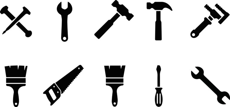 Create a Tool icon set. Instrument symbol, wrench, hammer, handsaw, paint brush, screwdriver, adjustment wrench, Vector illustration silhouette with white background.