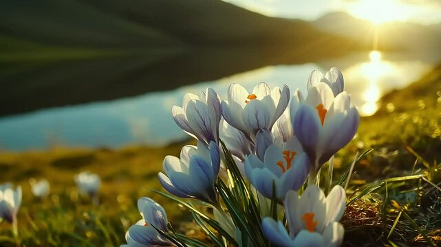 A 4K macro scene of delicate purple-and-white crocus blossoms clustered by a serene mountain lake at sunrise. 