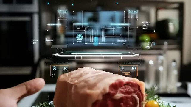 Culinary Tech: Robotic Kitchens and Digital Food Presentation with Raw Meat Cut - Powered by Adobe