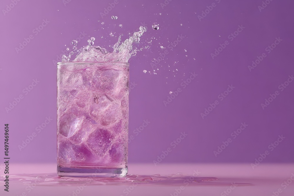 Poster refreshing purple beverage with ice splashing against a vibrant backdrop in bright lighting