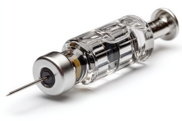 Syringe with clear body and metallic details resting on a flat surface under bright light