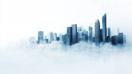 Fototapeta premium A modern city skyline with tall skyscrapers emerges above a blanket of clouds in a serene, minimalist scene.