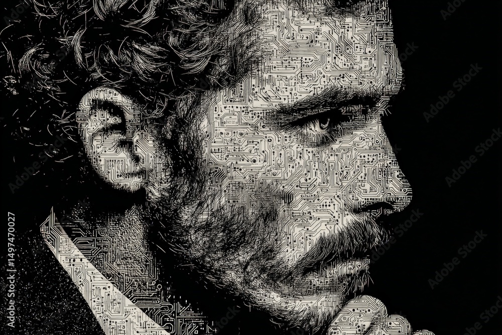 Poster Portrait of a man with a thoughtful expression, blending human features with intricate circuit designs in a black and white style