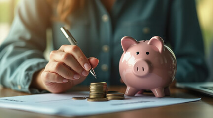 woman carefully writes on a financial document near a piggy bank filled with coins.