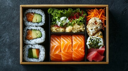 Japanese bento box with assorted sushi and salmon sashimi