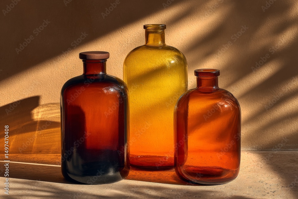 Poster Unique amber and yellow glass bottles displayed on a textured surface with soft shadows in a warm setting